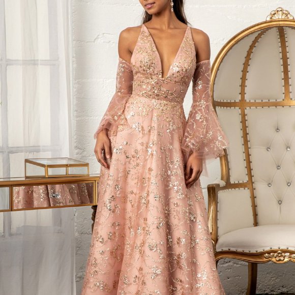 ROSE Sheer WaistlineV-Neck Glitter Mesh Prom Dress Detachable - Main Image